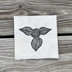 May include: A square, textured paper with a black linocut print of a stylized botanical design. The print features a central, textured sphere with three leaf-like shapes radiating outwards, each with intricate, zebra-like patterns.