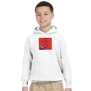 May include: White hoodie with a red square graphic. The graphic displays the text "Stop Bullying it ain't right" in a handwritten style font, and a cartoon police officer. The sweatshirt is made of a soft material.