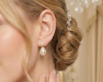 Orecchini pendenti a goccia con doppia perla in oro massiccio 14 carati, gioielli da sposa con perle d'acqua dolce naturali, regalo per damigella d'onore.