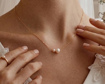 Minimalist Freshwater Pearl Necklace, Sterling Silver 2 Round Pearls Necklace, Bridesmaid Necklace, Daily Pearl Necklace, Bridesmaid Gift