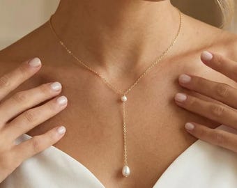 Minimalist Pearl Necklace, Double Pearl Drop Necklace, 14k Gold Pearl Lariat Necklace, Handcrafted Bridesmaids Pearl Necklace, Everyday Wear
