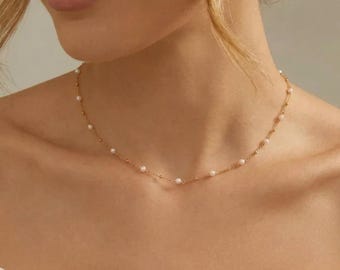 Natuurlijke zoetwaterparel choker ketting, bruiloft gelaagdheid sieraden, 18K gouden minimalistische parelketting, parel kralen choker, Moederdagcadeau