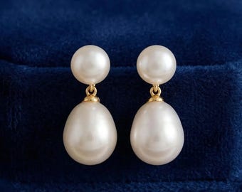 Natural Double Pearl Drop Earrings, 925 Sterling Silver Bridal Wedding Jewelry