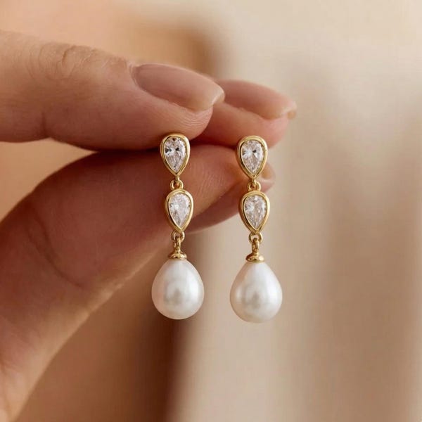 Natural Freshwater Pearl Diamond Earrings, 925 Sterling Silver Bridal Earrings, Diamond Pearl Drop Earrings,Bridal Jewelry,Mother’s Day Gift
