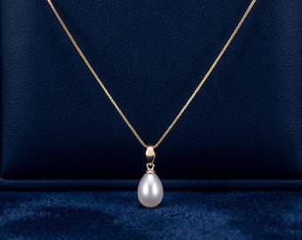 Minimalist Freshwater Pearl Drop Necklace, Natural Pearl Pendant Box Chain Necklace, Bridal Wedding Jewelry