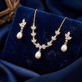Diamond Pearl Drop Earrings,Freshwater Pearl Earrings,Crystal Bridal Jewelry Set,Gold Leaf Diamond Earrings,Wedding Necklace,Bridesmaid Gift