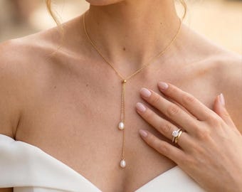 Gold Freshwater Pearl Lariat Necklace, Minimalist Natural Freshwater Pearl Necklace, 2 Drop Pearls Necklace,Handcrafted Bridesmaids Necklace
