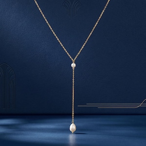 Handgjort Pärl Lariat Halsband ∙ Litet Pärl Y Halsband ∙ 14K Guld Drop Chain Brudsmycken ∙ Minimalistiskt Lager Halsband ∙ Brudhalsband
