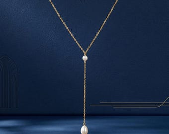 Handmade Pearl Lariat Necklace ∙ Tiny Pearl Y Necklace ∙ 14K Gold Drop Chain Bride Jewelry ∙ Minimalist Layering Necklace ∙ Bridal Necklace