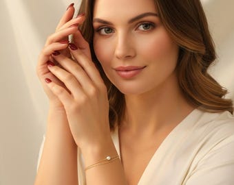 Pulsera minimalista de una perla, pulsera minimalista de perla, delicada pulsera de doble cadena de perla, pulsera de dama de honor, regalo de perla para todos los días