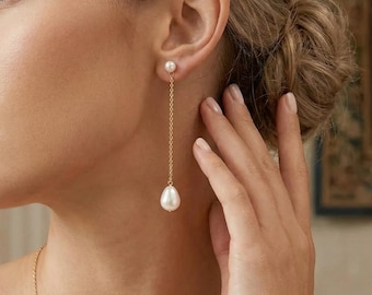 Zierliche Perlen Tropfen Ohrringe, Perlen baumeln Ohrringe, lange Kette Perlen Ohrringe, elegante Braut Ohrringe, Hochzeitsohrringe, Brautjungfer Geschenke für Sie