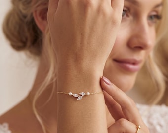 Süßwasserperle Blatt Armband, Brautschmuck zierlich, Oliven Zweig CZ Armband, Brautjungfer Geschenk, Muttertagsgeschenk für Sie
