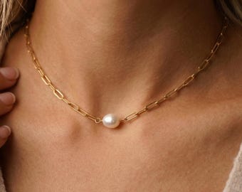 Natuurlijke zoetwaterparel paperclipketting: 14k gouden paperclipketting parelketting, handgemaakte bruidsmeisjesketting, dagelijks gebruik
