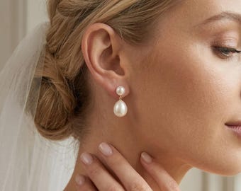 Pendientes de doble perla natural, pendientes colgantes de perla de agua dulce auténtica, pendientes minimalistas de perla, pendientes de novia delicados, pasadores de plata de ley.
