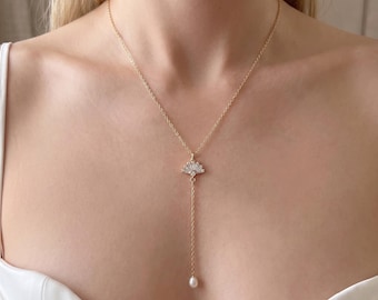 Handmade Pearl Lariat Necklace ∙ Diamond Pearl Y Necklace ∙ 14K Gold Drop Chain Bride Jewelry ∙ Minimalist Layering Necklace∙Bridal Necklace