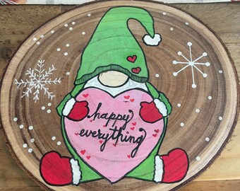 Hand-Painted Green Gnome Wood Slice – Scandinavian Style Decor