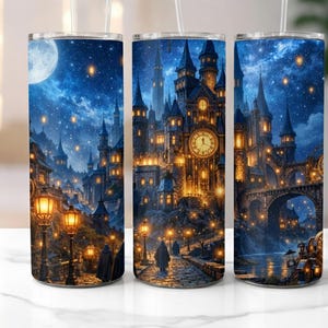 May include: Three stainless steel tumblers with a wraparound design of a fantasy castle at night. The design features a full moon, starry sky, and illuminated buildings. Each tumbler has a clear straw.