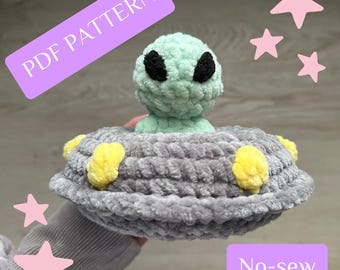 May include: A crocheted alien figure with black eyes sits in a gray UFO. The UFO has yellow accents. The words "PDF PATTERN" and "No-sew" are in the image. Pink star shapes are in the background.