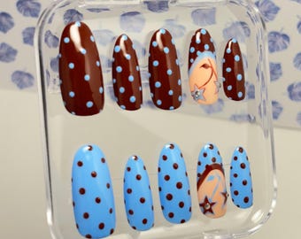 Uñas postizas hechas a mano con lunares / Punta francesa con estrella Y2K, uñas azul marrón