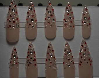 Luxury Rhinestone Press On Nails | Bejeweled Fake Nails | Red Bling Nails | Sparkly Gem Claws | Holiday Nail