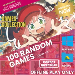 Może przedstawiać: Grafika promocyjna dla gier na PC. Obraz przedstawia postać z kreskówki z rudymi włosami i zielonymi oczami. Tekst zawiera "GAMES COLLECTION", "100 RANDOM GAMES", "DOWNLOAD NOW" i "OFFLINE PLAY ONLY".