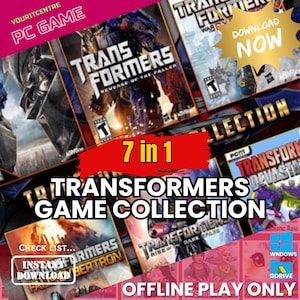 Puede incluir: Una imagen promocional para una colección de juegos de PC con la franquicia Transformers. La imagen muestra varias portadas de juegos, con el texto "7 en 1" y "Transformers Game Collection" en un lugar destacado. La imagen también incluye el texto "Descargar ahora" y "Solo juego sin conexión".