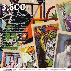 Puede incluir: Un collage con el nombre "Pablo Picasso" y los años "1881-1973". La imagen incluye varias pinturas de Picasso, mostrando su estilo cubista con colores llamativos y formas fragmentadas. El texto en la parte inferior dice "Printable Wall Art".