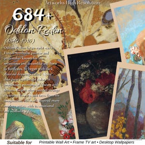 May include: A collage featuring artworks by Odilon Redon, a French Symbolist painter. The image includes text about Redon's life and style, along with examples of his art, including floral still lifes and dreamlike landscapes. Suitable for printable wall art.