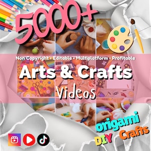 May include: A collage promoting arts and crafts videos, featuring the text "5000+" in pink, "Arts & Crafts Videos," and "origami DIY Crafts." The image includes various craft supplies and hands working on projects, with social media icons.