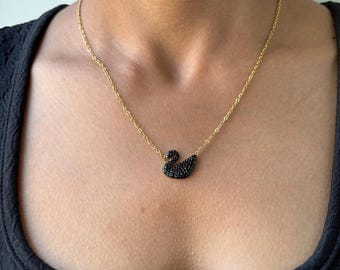 Black Swan Pendant Necklace By Feel Amara • 18K Gold Black Crystal Pendant • Vintage Waterproof Necklace • Gift For Her