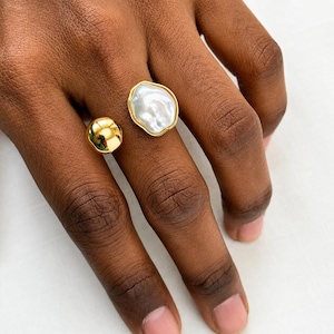 Toi et Moi pärlring från Feel Amara, pärla och guldstensring, förlovningsring med två stenar, smycken för alla hjärtans dag, present till henne, iögonfallande ring