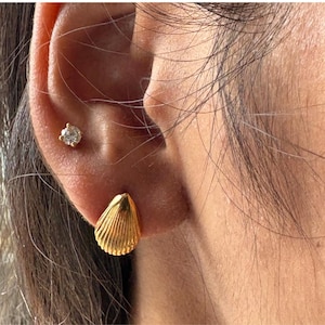 Peut inclure: Gros plan sur une oreille ornée de deux boucles d'oreilles. Le haut de l'oreille est orné d'une petite puce d'oreille dorée avec une pierre précieuse transparente. Le bas de l'oreille présente une boucle d'oreille dorée en forme de coquillage.