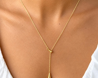 18K Gold Plated Lariat Necklace By Feel Amara • Y Drop Chain Necklace • Teardrop Pendant • Elegant Jewelry • Hypoallergenic • Gift For Her