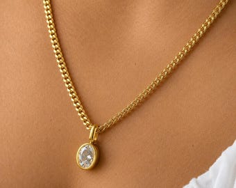 Chunky Curb Chain Statement Necklace By Feel Amara • Bold Bezel Set Stone Necklace • Elegant 18K Gold Necklace • Gift For Her