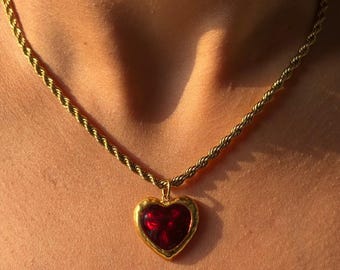 Red Heart Crystal Necklace By Feel Amara • Crystal Heart Pendant • Romantic Vintage Necklace • Statement Gold Necklace • Gift For Her
