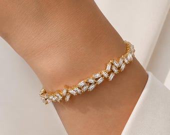 Baguette CZ Cuff Bracelet By Feel Amara • 18K Gold Plated Waterproof Crystal Cuff • Dainty Sparkle Jewelry • Gift For Her