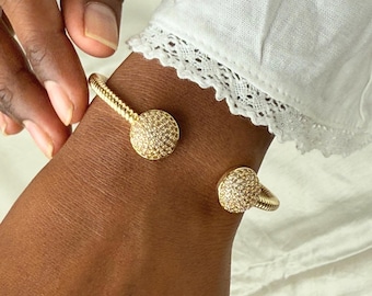 18K Gold Cuff Bracelet, Minimalist Bangle with Crystal Accents