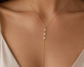 Crystal Lariat Y Necklace By Feel Amara • Gold & Silver CZ Drop Pendant • Waterproof Layering Necklace • Bridesmaid Gift For Her