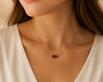 Baguette Birthstone Necklace By Feel Amara • Gold Bezel Set Birthstone Necklace • Personalized Gemstone Necklace • Custom Gift