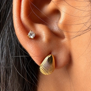 Peut inclure: Une boucle d'oreille à tige dorée en forme de coquillage texturé avec des stries verticales, accompagnée d'une plus petite boucle d'oreille à tige avec un cristal rond transparent placée au-dessus sur le lobe. Finition métallique polie.
