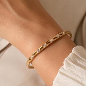 Gold CZ Station Bangle Bracelet By Feel Amara • 18K Gold Plated Hinged Bangle • Minimalist Statement Bracelet • Gift For Her