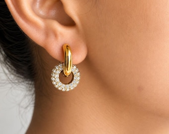 18K Gold Pavé Crystal Drop Hoop Earrings By Feel Amara • Waterproof CZ Hoops • Bridesmaid Gift • Earrings For Her