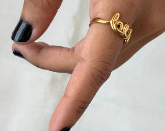 Love Script Gold Ring By Feel Amara • Dainty Letter Ring • 18K Gold Plated Waterproof Ring • Minimalist Everyday Ring • Gift For Her