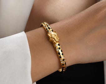 Gold Panther Bracelet | 18K Gold Plated Leopard Cuff Bracelet for Women | Plain or Black White Enamel | Bold Animal Bracelet | Gift for Her