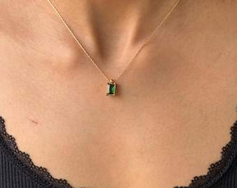 Baguette Crystal Pendant Necklace By Feel Amara • Green or Clear Crystal Pendant • Elegant Gold Necklace • Gift For Her
