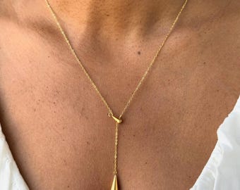 18K Gold Lariat Necklace By Feel Amara • Y Drop Chain Necklace • Teardrop Pendant Necklace • Elegant Gold Jewelry • Gift For Her