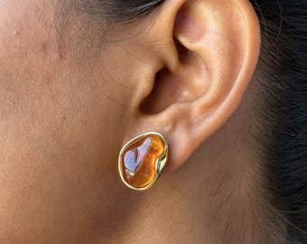 Tiger Eye Drop Earrings By Feel Amara • Gold Bezel Statement Earrings • Natural Stone Jewelry • Minimalist Luxury Earrings • Gift For Her