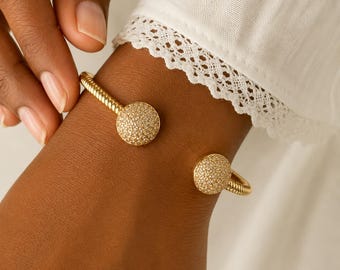 18K Gold Pavé Crystal Cuff Bangle By Feel Amara • Minimalist Crystal Bangle • Dainty Gold Jewelry • Everyday Bracelet • Gift For Her