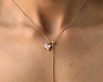 CZ Crystal & Heart Lariat Necklace By Feel Amara • Crystal Pendant Drop Necklace •Minimalist Dainty Necklace• Everyday Jewelry• Gift For Her