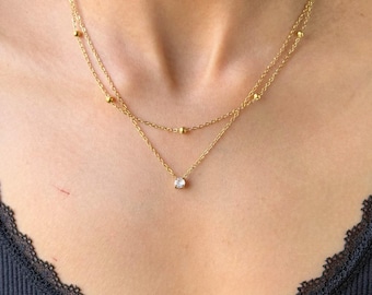 Minimalist Layered Gold Necklace By Feel Amara • Dainty Cubic Zirconia Pendant • Double Chain Necklace For Women •  Gift For Her